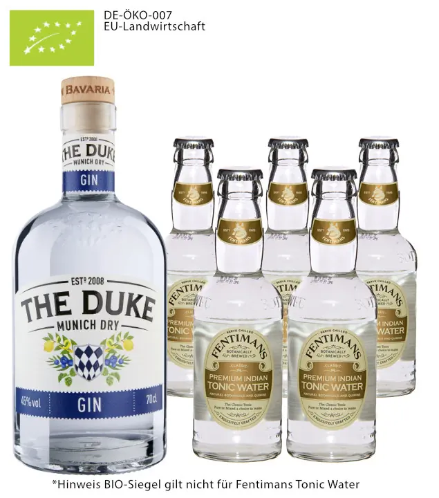 The Duke Dry Gin Bio (45% Vol., 0,7L) & 5x Fentimans Tonic (0,2L) inkl. 1,25€ Pfand