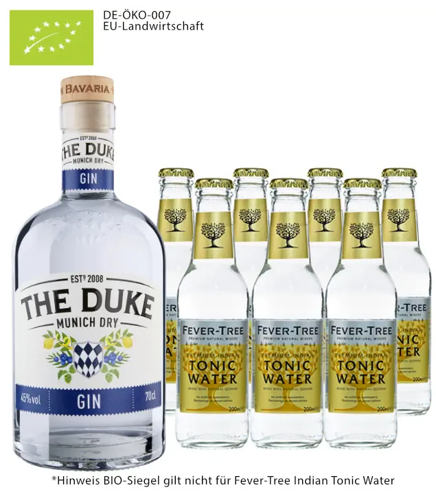 The Duke Munich Dry Gin Bio (45% Vol., 0,7 L) & 7 x Fever-Tree Indian Tonic (0,2 L) inkl. 1,05€ Pfand