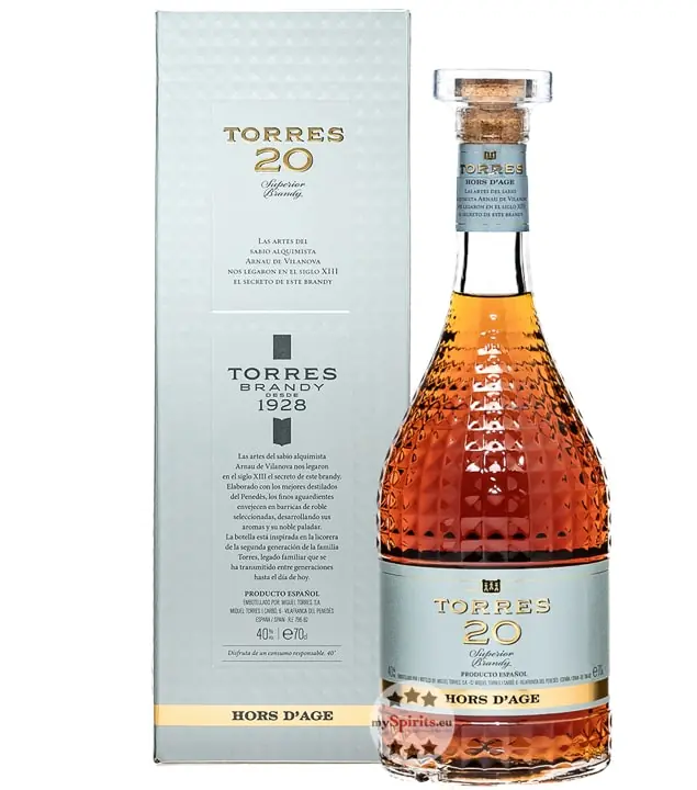Torres: Brandy 20 / 40 % vol / 0,7 Liter-Flasche und Verpackung