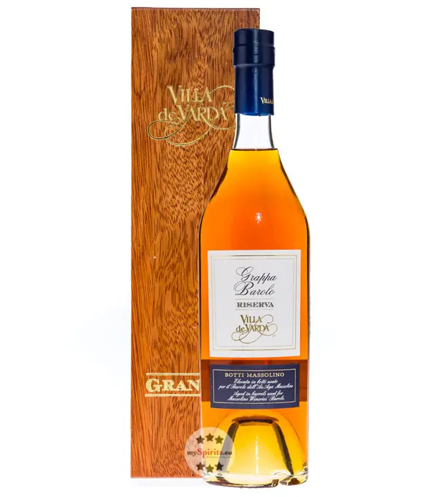 Villa de Varda Grappa Barolo Riserva Gran Cru – Holzfassgelagerter Grappa / 40 % / 0,7 Liter-Flasche in Kästchen aus Mahagoniholz