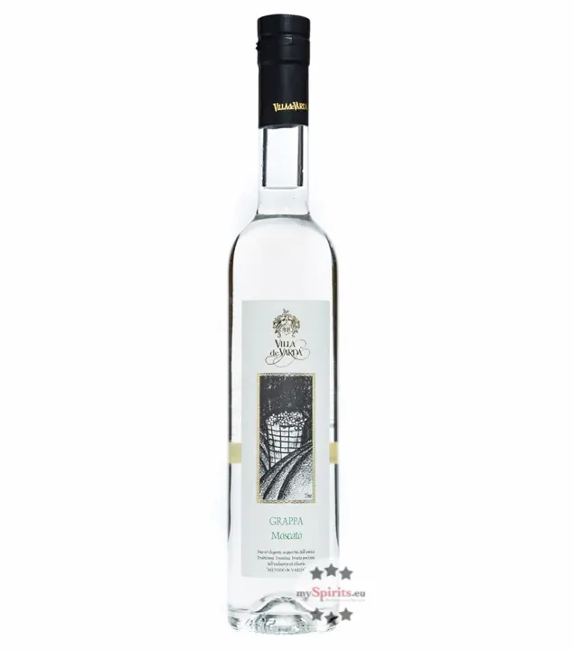 Villa de Varda Grappa Moscato Mezzolitro – Kristallklarer Grappa aus Muskateller-Trestern / 40 % Vol. / 0,5 Liter-Flasche