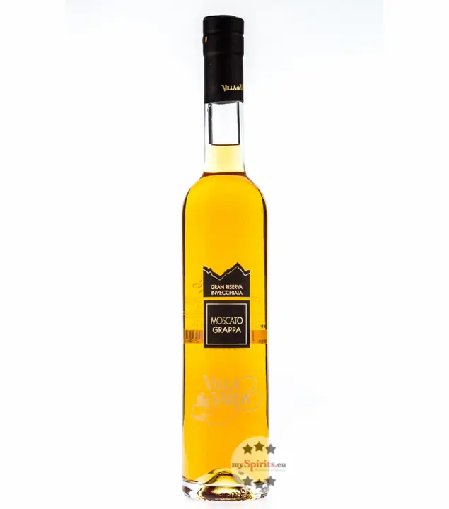 Villa de Varda Grappa Moscato Riserva Mezzolitro – Bernsteinfarbener Grappa aus Muskateller-Trestern / 40 % Vol. / 0,5 Liter-Flasche