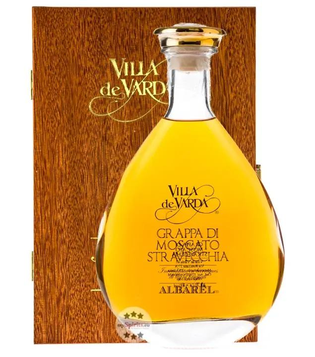 Villa de Varda Grappa Moscato Stravecchia-Albarel Alta Selezione aus dem Barrique / 40 % Vol. / 0,7 Liter-Flasche in Mahagoniholz-Schatulle