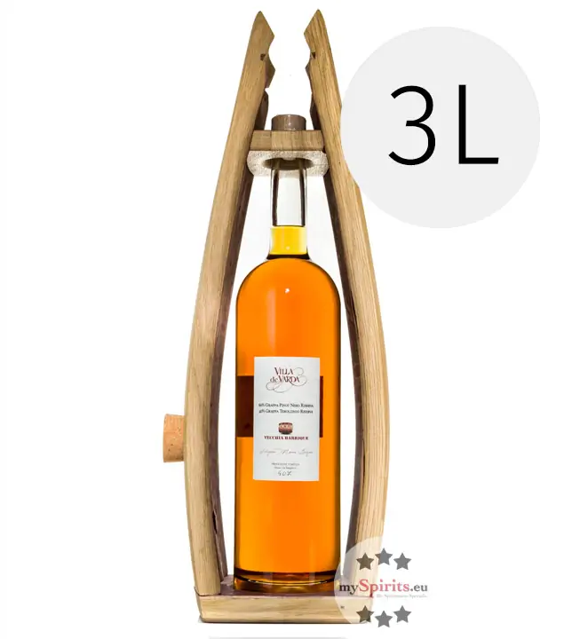 Villa de Varda Grappa Riserva Vecchia Barrique Selezione Mauro Dolzan / 40 % Vol. / 3,0 Liter-Flasche in Holzrahmen
