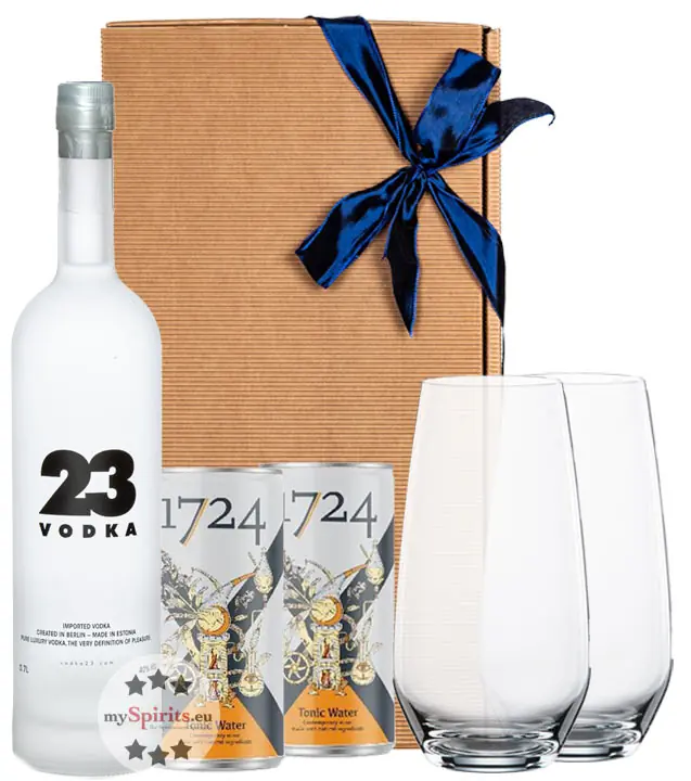 Geschenk-Set: Vodka 23 (40 % Vol. / 0,7 L) & 2x 1724 Tonic Water (0,2l) inkl. 0,50 € Pfand + 2x Spiegelau Longdrinkglas in Geschenkbox