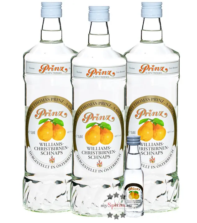 Prinz: Williams-Birnen Schnaps Kombi / 40 % Vol. / 3 x 1,0 Liter-Flasche + 1 x 0,02 Liter-Miniatur
