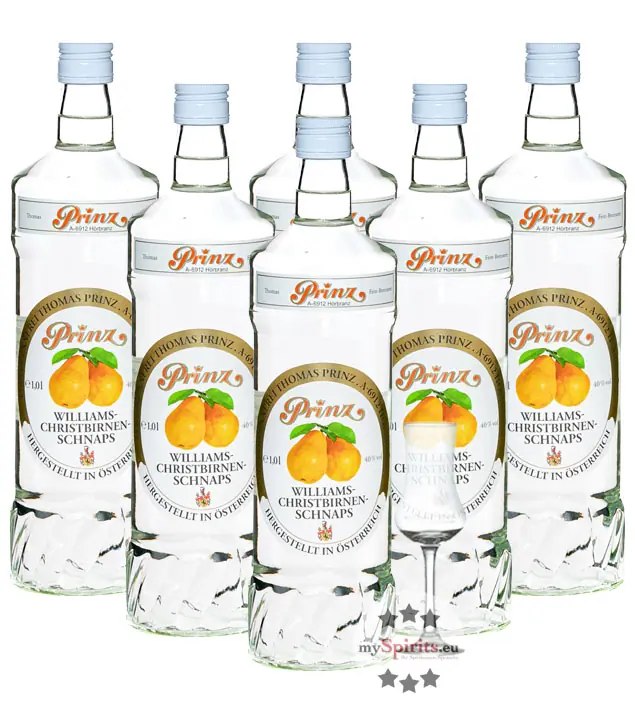 6 x Prinz Williams-Birnen Schnaps / 40 % Vol. / 6 x 1,0 Liter-Flasche + 1 x gratis mySpirits-Schnapskelch