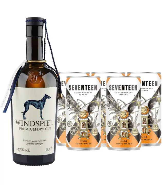 Gin Tonic Set: Windspiel Gin (47 % Vol. / 0,5 Liter) + 5 x 1724 Tonic Water (0,2 Liter) inkl. 1,25 € Pfand