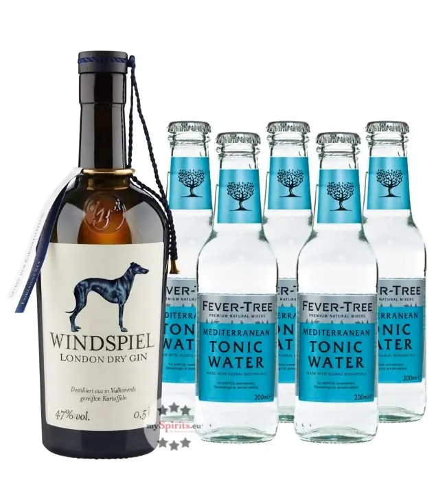 Windspiel Premium Dry Gin (47 % Vol., 0,5 L) & 5 x Fever-Tree Mediterranean Tonic Water (0,2 L) inkl. 0,75 € Pfand