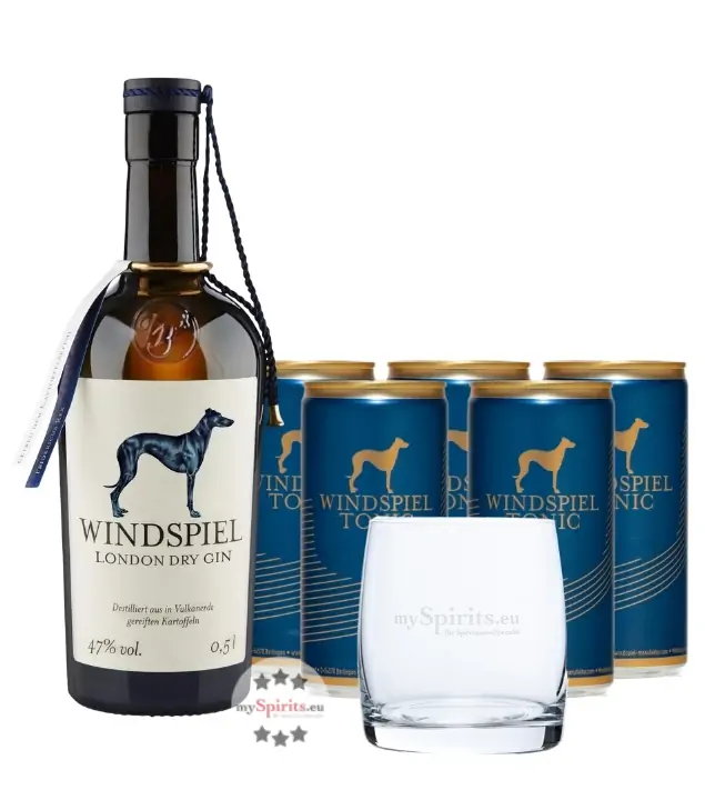 Windspiel Premium Dry Gin (47 % Vol., 0,5 L) & 5 x Windspiel Tonic Water (0,2 L) + Glas